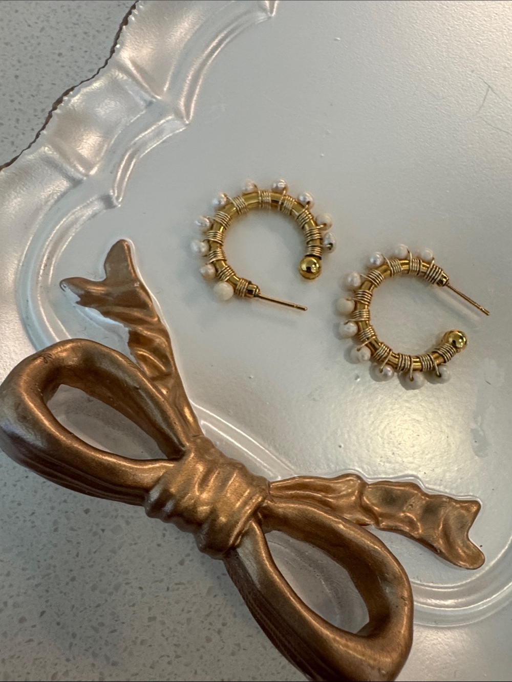 5/22 Gold Hoop Earrings with White Pearl Accents